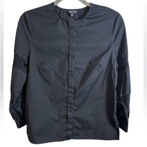 Misook Women’s Blouse Size XS Black with Lace Sleeve Inserts Cotton Blend